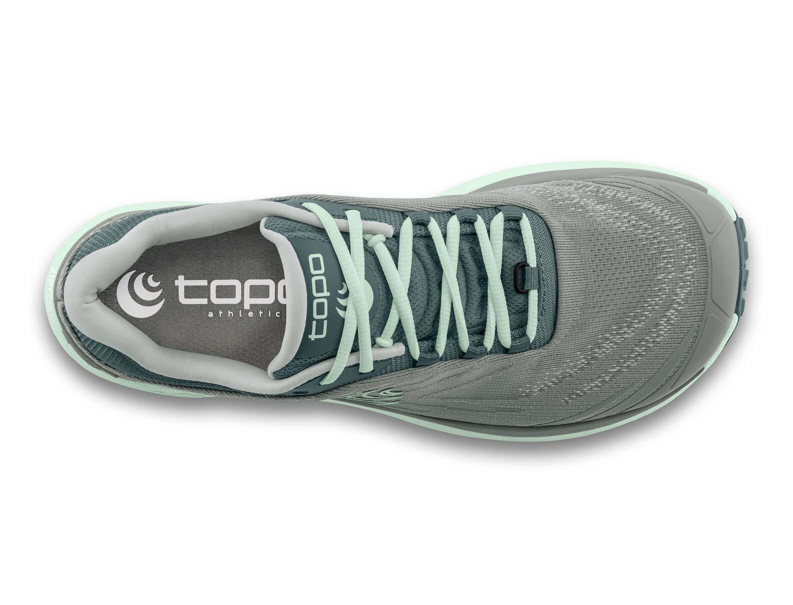 Top view of a Topo Athletic running shoe with a gray and mint green color scheme