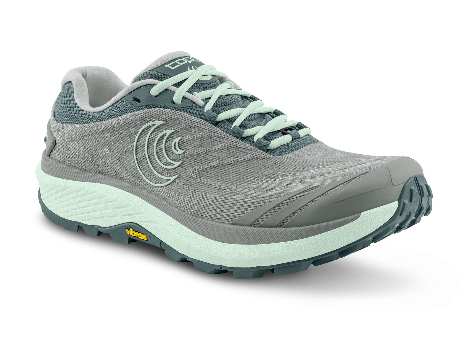 Side view of a Topo Athletic running shoe featuring a gray and mint green color scheme with a Vibram sole
