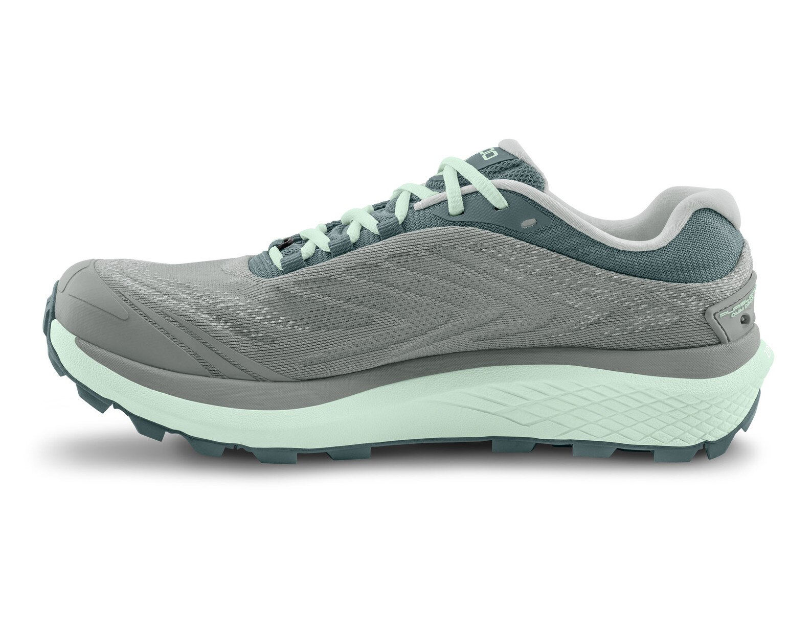 Gray trail running shoe with light green accents, designed for uneven terrain, featuring a cushioned sole and reflective details