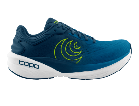 Side view of the blue and green Topo Athletic Phantom 4 running shoe.