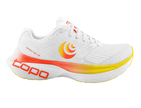 Side view of the white and orange Specter 2 running shoe.