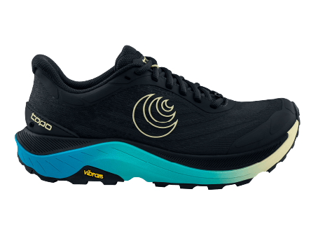Side view of the black and blue Ultraventure running shoe.