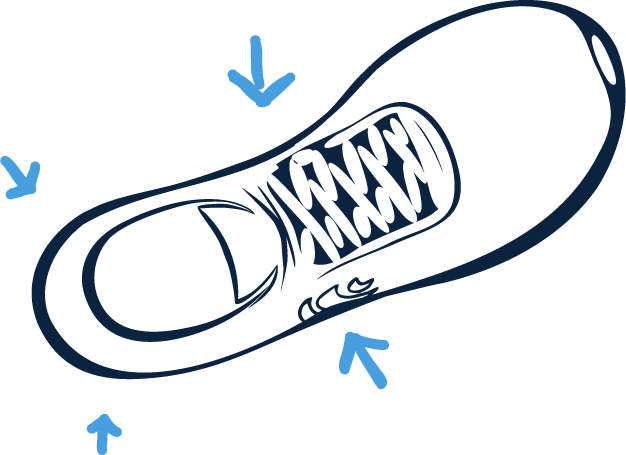 Icon of a shoe with arrows pointing to the midfoot and heel