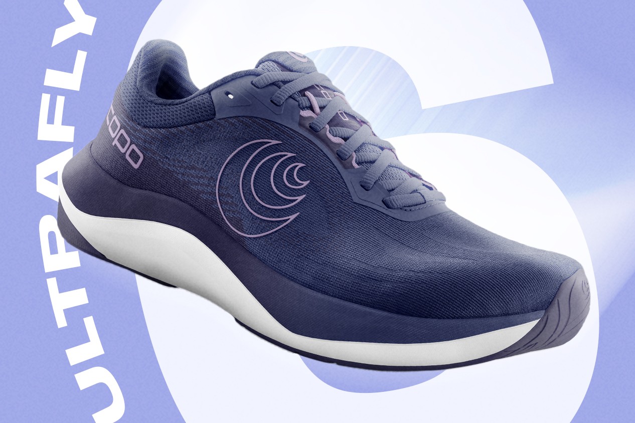 Ultrafly 6 running shoe floating on a purple background with a large number 6 behind it.