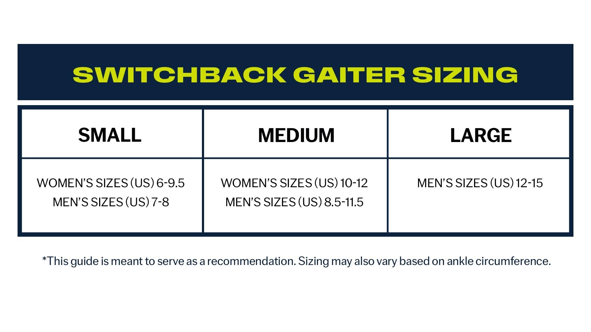 Topo Athletic Switchback Gaiter Size Chart